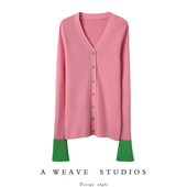 撞色喇叭袖 纯山羊绒开衫 羊绒毛衣针织开衫 悠悠我心 修身 百搭显瘦