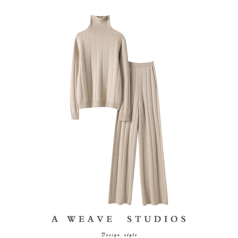 冬凤凰2024秋冬新款 纯羊绒时髦针织套装 高领加厚上衣宽松阔腿裤,女装/女士精品,羊绒衫,淘宝优惠券,粉丝福利购,淘宝优惠卷
