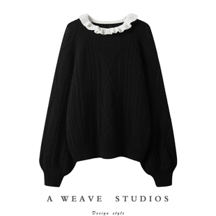 冬凤凰〓绒+〓复古黑白拼接鸡冠领绞花百分百羊绒毛衣2024新款