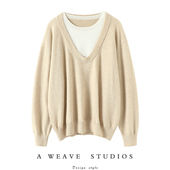 水准一向很牛 拼色假两件羊绒衫 女圆领纯山羊绒毛衣宽松慵懒风冬