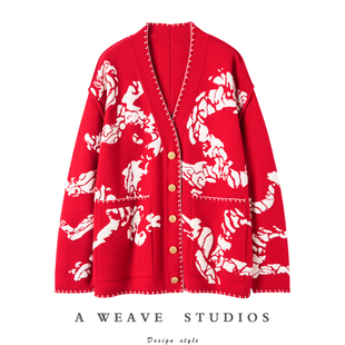 V领红色提花加厚针织毛衣外套 100%纯山羊绒开衫 2024龙年春季 新品