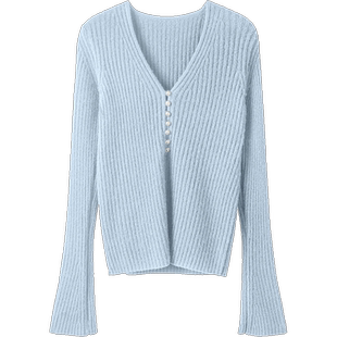 舒适再升级~简约好穿仿珍珠扣V领喇叭袖纯羊绒针织开衫女秋冬毛衣