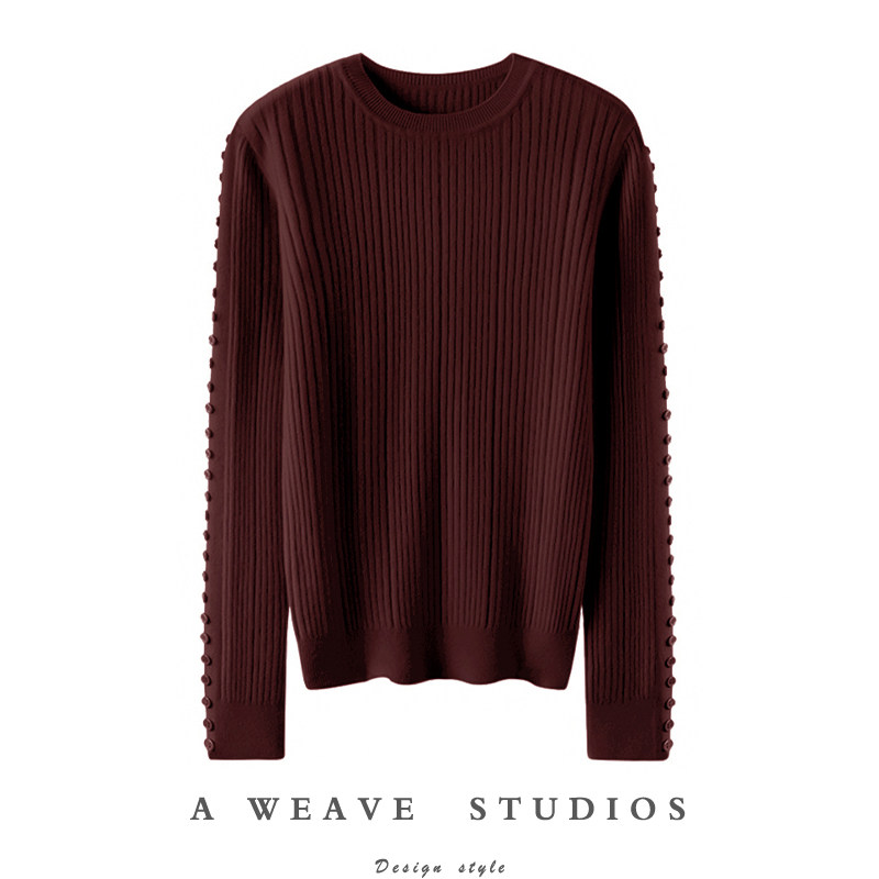 优雅格调范！袖子排扣圆领羊绒衫女坑条纯羊绒毛衣针织打底衫秋冬,女装/女士精品,羊绒衫,淘宝优惠券,粉丝福利购,淘宝优惠卷