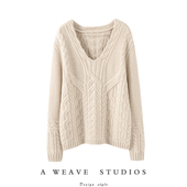 意大利气质有没有 重磅加厚粗针V领羊绒衫 女纯羊绒毛衣套头宽松