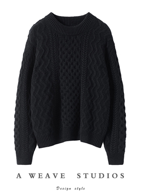 雍容华贵！黑色绞花圆领羊绒衫女加厚百分百纯羊绒毛衣宽松