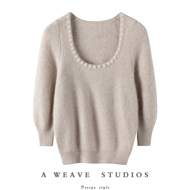 上身气质飙升！ 氛围感显瘦100%纯山羊绒上衣圆领珍珠针织毛衣女,女装/女士精品,羊绒衫,淘宝优惠券,粉丝福利购,淘宝优惠卷