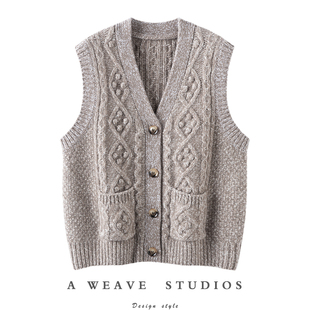 尽情绽放 女V领背心针织坎肩秋冬马甲 重工加厚100%纯山羊绒开衫