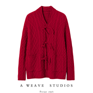 中国风系列！中式盘扣羊绒针织开衫女秋冬宽松长袖毛衣外套上衣