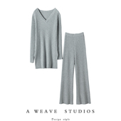 羊绒套装 羊绒休闲裤 纯羊绒衫 狂爱惬意生活 V领毛衣女两件套裤 子