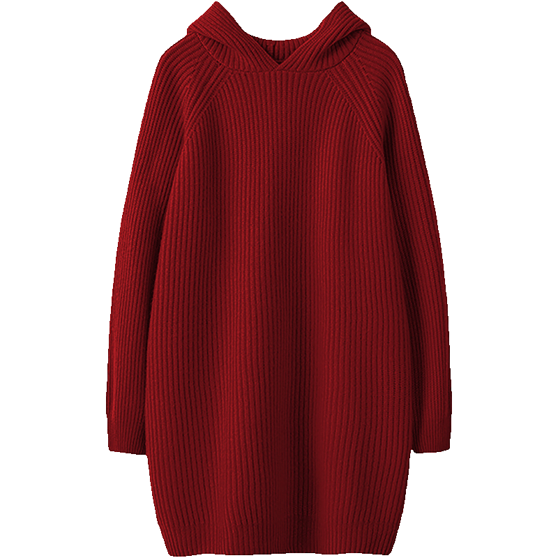 冬凤凰大克重坑条连帽羊绒毛衣连衣裙女羊绒帽衫宽松加厚中长款