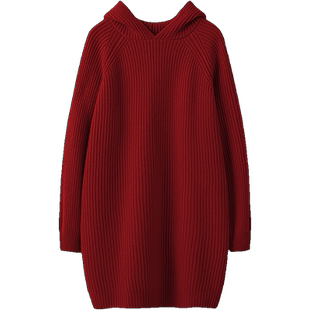 冬凤凰大克重坑条连帽羊绒毛衣连衣裙女羊绒帽衫宽松加厚中长款