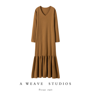 时髦腔调老客BI入！荷叶摆v领羊绒连衣裙女中长款羊绒衫裙子三色