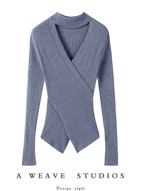 上身气质绝了~不规则交叉V领挂脖羊绒针织衫女修身纯羊绒打底衫