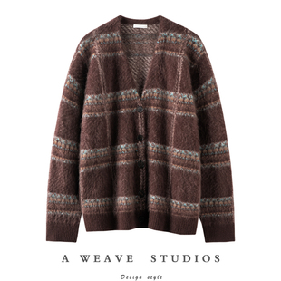 开衫 太实穿了 高端纯羊绒拉毛复古格纹氛围感艺术提花圆领毛衣