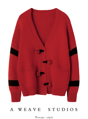 上身敲好看！大红色羊绒衫女秋冬季小熊纯羊绒针织开衫毛衣外套