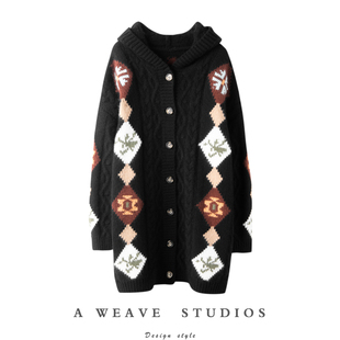 冬凤凰欧洲站秋冬连帽菱形格撞色花纹厚款山羊绒毛衣开衫239187