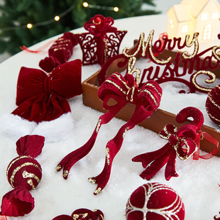 圣诞节新款装饰品植绒挂件圣诞树蝴蝶结挂饰商场橱窗氛围布置吊饰