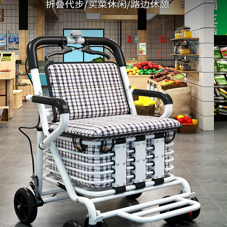 老人手推车可坐折叠代步助力购物小推车老年人可坐可推软椅代步车