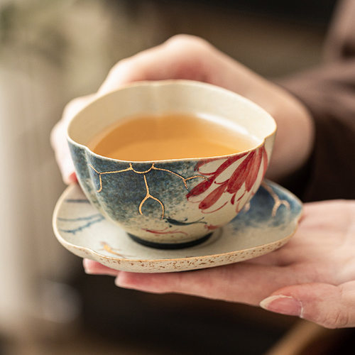 Blue, white, flint, red ceramic tea cup, gold painted, hand