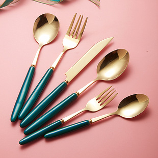 亚马逊陶瓷北欧轻奢陶瓷不锈钢餐具刀叉勺西餐具墨绿色牛排刀叉勺