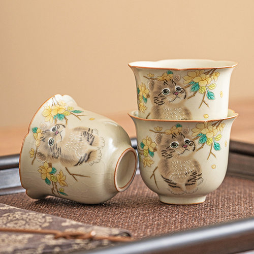 Ru Kiln Cute Cat Teacup Single Cup Household Hospitality Te