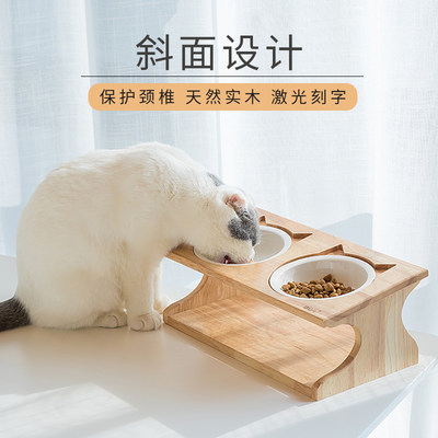 猫碗陶瓷双碗猫食盆斜面护颈不锈钢狗碗水碗实木碗架餐桌猫咪用品