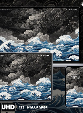 浮世绘青蓝海浪祥云超清壁纸iphone苹果安卓手机电脑ipad平板壁纸
