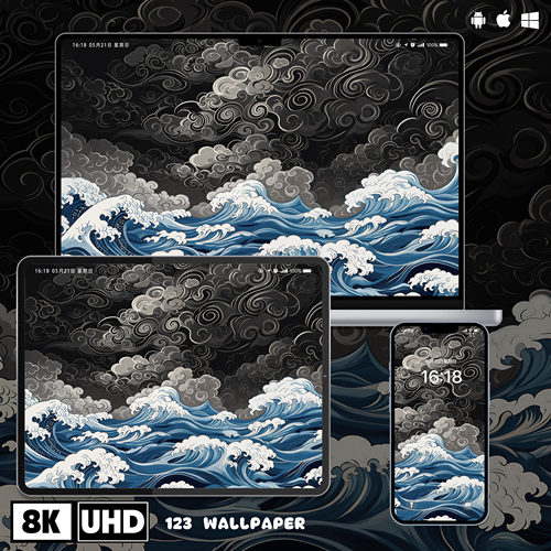 浮世绘青蓝海浪祥云超清壁纸iphone苹果安卓手机电脑ipad平板壁纸