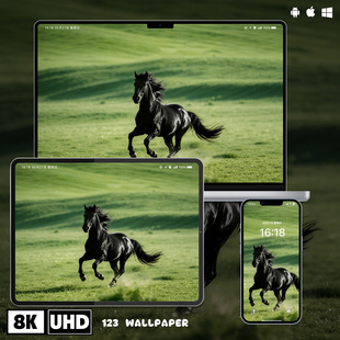绿草地奔跑 黑马马到成功8K壁纸iphone苹果安卓手机电脑平板壁纸