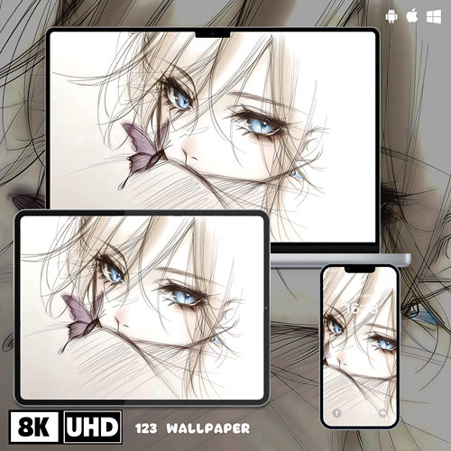 细线素描少女蝴蝶8K超清壁纸iphone苹果安卓手机电脑ipad平板壁纸