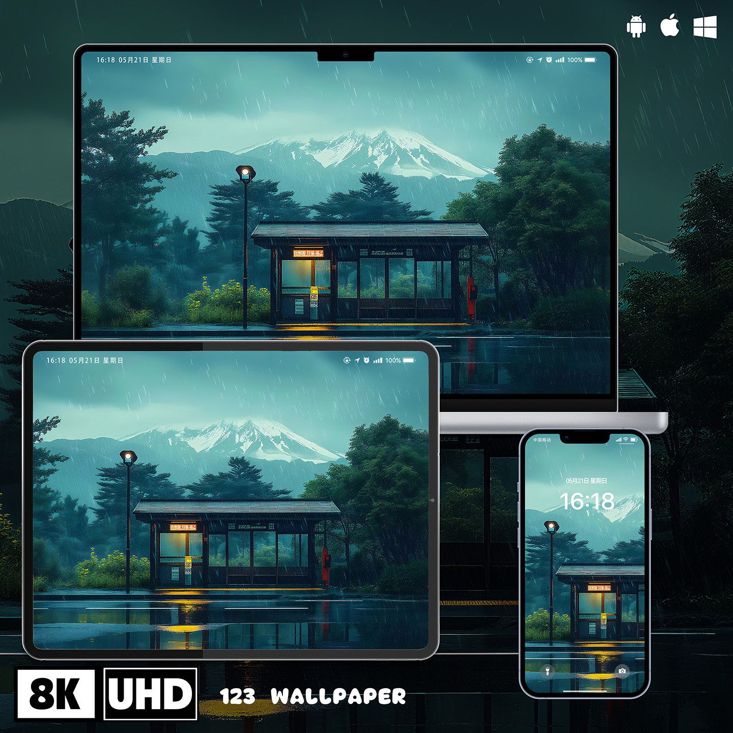日式富士山雨中车站8K壁纸iphone安卓手机电脑ipad苹果平板壁纸,商务/设计服务,卡通/动漫/插画设计,淘宝优惠券,粉丝福利购,淘宝优惠卷