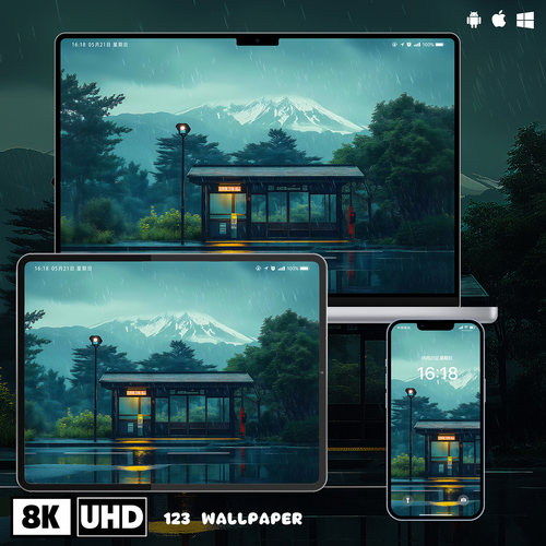 日式富士山雨中车站8K壁纸iphone安卓手机电脑ipad苹果平板壁纸