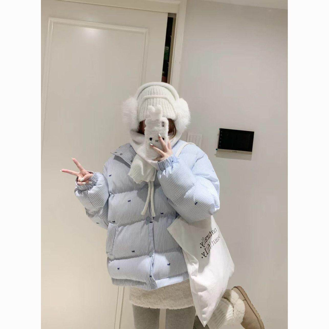 奶蓝色面包服少女冬季宽松棉衣外套初中高中学生条纹羽绒棉服棉袄