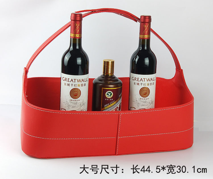 加厚款大号红色平纹皮质礼篮  香港皮篮 矮边节庆包装盒家居收纳