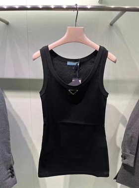 美式欧货2024夏季新款套头棉质无袖上衣黑色修身短款吊带背心女