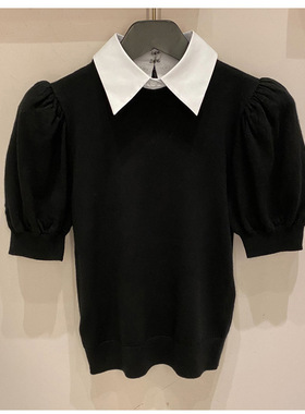 小众潮牌2024春夏新款衬衣领拼色短款上衣针织衫短袖T恤女