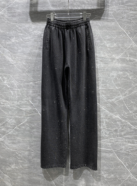 美式小众潮牌2023新款春夏松紧腰直筒裤烫钻宽松休闲裤子女