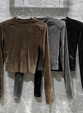 美式小众2024秋季新款修身高级感丝绒上衣短款打底衫T恤女