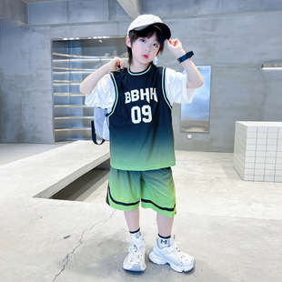 欧抱抱男童夏季 2026新款 中大童衣服儿童夏装 速 渐变篮球服运动套装
