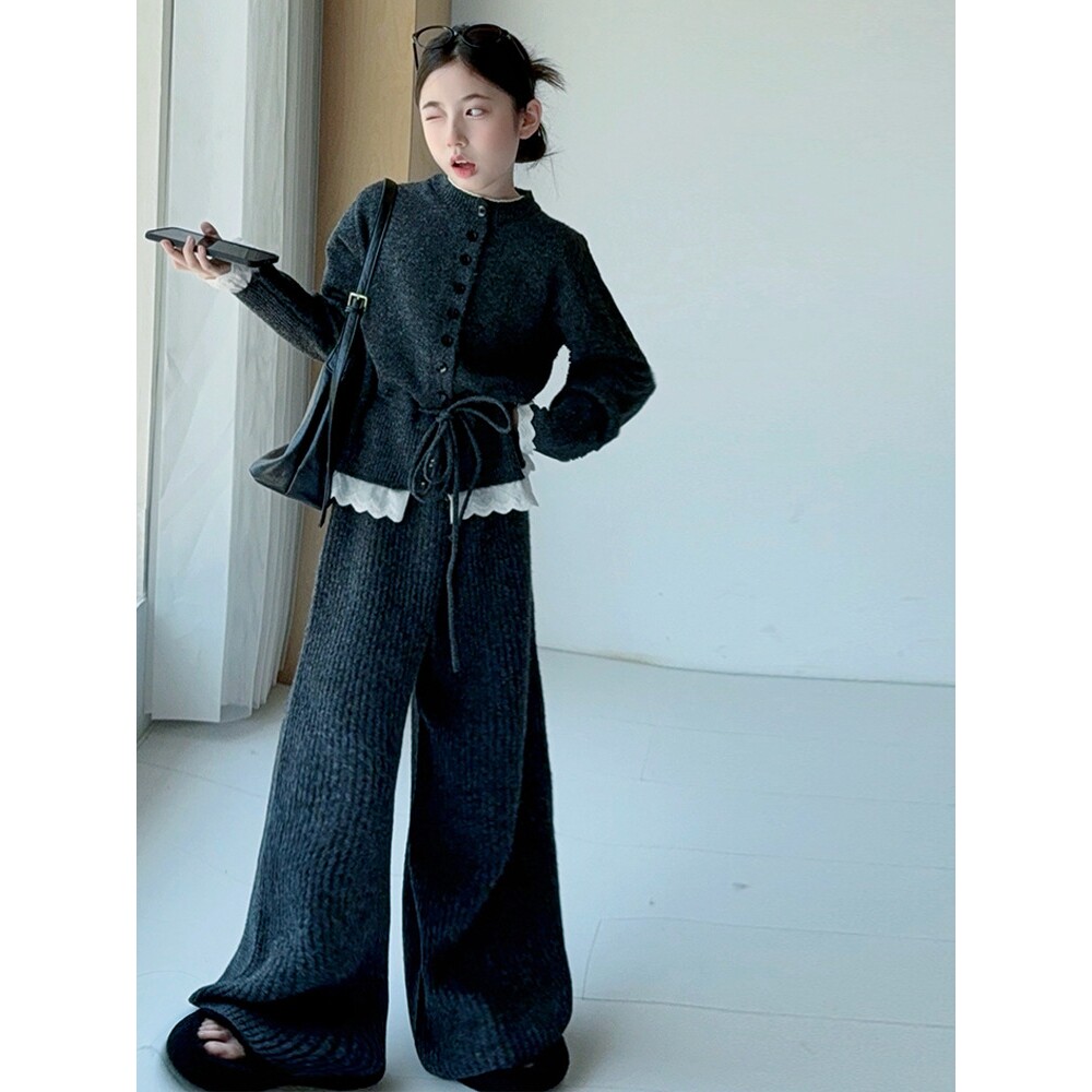欧抱抱女童韩系针织上衣阔腿裤套套装