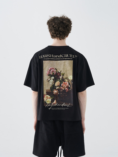 harsh and cruel 油画花朵烫画宽松手写字排版印花TEE潮牌短袖T恤