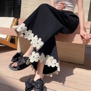 裙 韩系花朵拼接天丝棉阔腿裤 女夏季 薄款 小个子高腰垂感山本九分裤