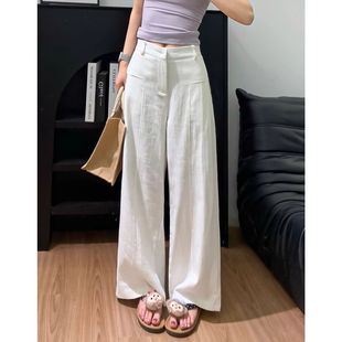 休闲裤 亚麻阔腿裤 高腰垂感老钱风藏青色直筒棉麻西装 女夏季 薄款