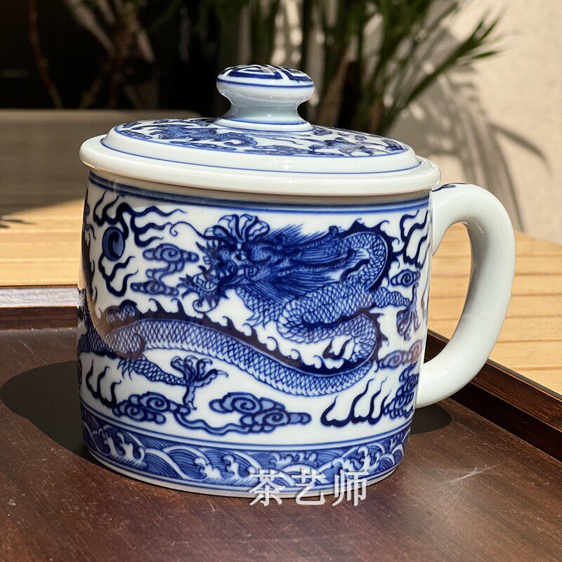 贵和祥茶具手绘青花瓷龙纹400毫升办公大茶杯京德茶器景德镇陶瓷