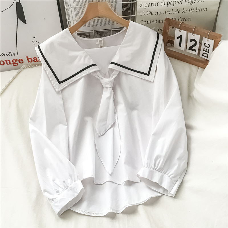 学院风白衬衫女设计感小众复古港味海军领衬衣韩版百搭长袖上衣潮