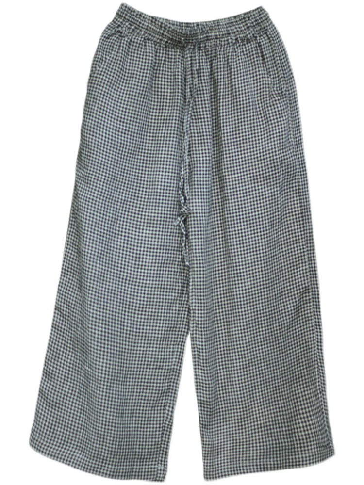 SUMMER NEW VINTAGE LINEN HIGH-WAISTED PLAID WIDE-LEG PANTS WOMENS LOOSE AND THIN VERSATILE LIGHT CROPPED PANTS SLACKS