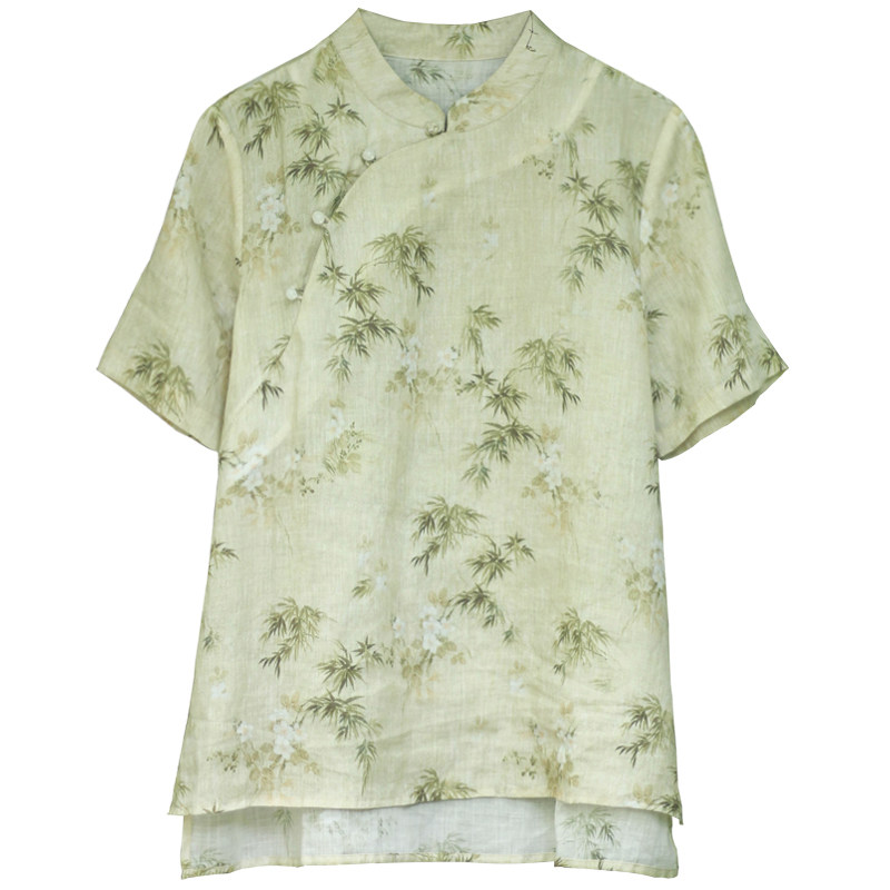 COTTON AND LINEN CHINESE STYLE DISC BUCKLE SHORT SLEEVE T-SHIRT WOMENS SUMMER 2023 NEW THIN LOOSE CHIC STAND UP COLLAR TEA TOP