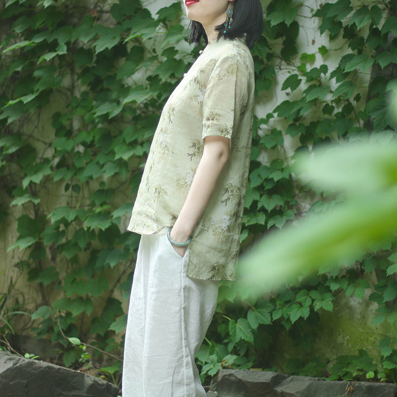 COTTON AND LINEN CHINESE STYLE DISC BUCKLE SHORT SLEEVE T-SHIRT WOMENS SUMMER 2023 NEW THIN LOOSE CHIC STAND UP COLLAR TEA TOP