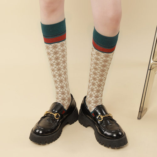 袜子女纯棉棉英伦复古格纹小腿袜