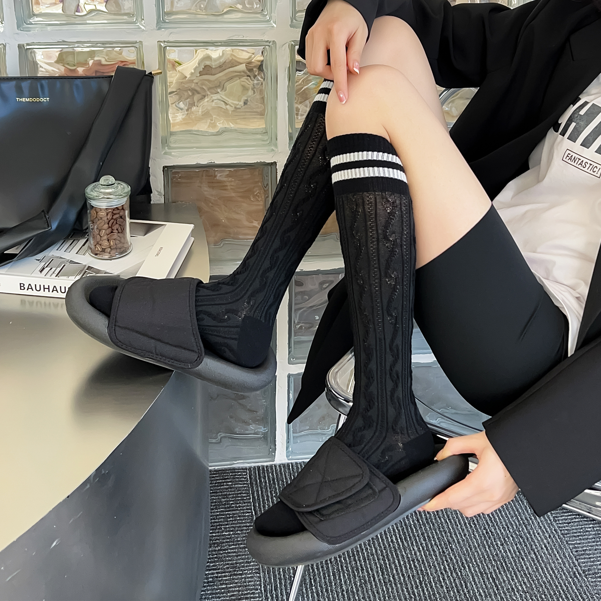 麻花小腿袜女春夏纯棉及膝袜黑白色两条杠JK学院风百搭韩版长筒袜